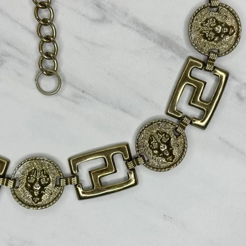 Vintage Gold Lion Head Greek Key Medallion Chain Link Belt Small/Medium (S/M) ✨